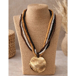 Boho Necklace Multi Strand Wood Bead w/ Mother of Pearl Pendant Earth Tones